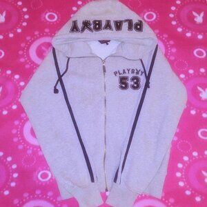 Playboy Bunny Playmate 53 Cropped Tight Fit Hoodie - grey and blac